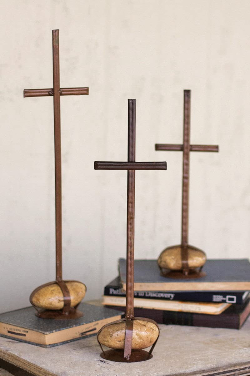 Kalalou Rustic Iron Scrap Metal Crosses w/ Caged Rock Bases-Set of 3
