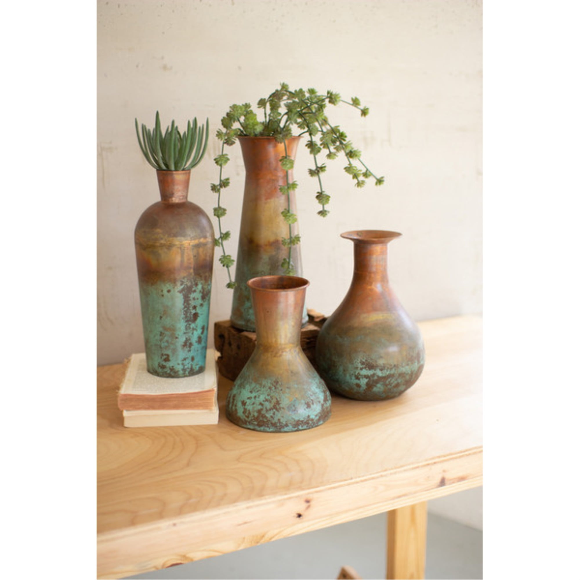 Set of Four Two-Toned Copper and Turquoise Vases