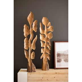 Kalalou Set Of Two Botanical Teak Sculptures Above