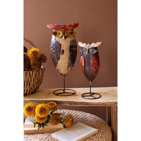 Kalalou Set Of Two Recycled Iron Owls On Stands