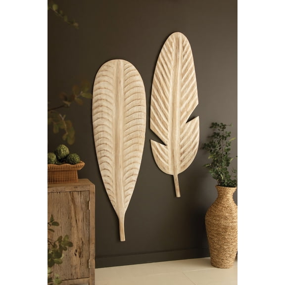 Kalalou Set of 2 Giant Hand-Carved Paulownia Wood Leaves Oversized Wall Dcor