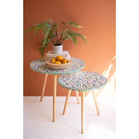 Kalalou Set of 2 Wooden Accent Tables with Capiz Shell Fish Detail