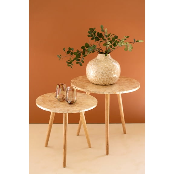 Kalalou Set of 2 Wooden Accent Tables with Neutral Capiz Shell Detail, Coastal Nesting Side Tables