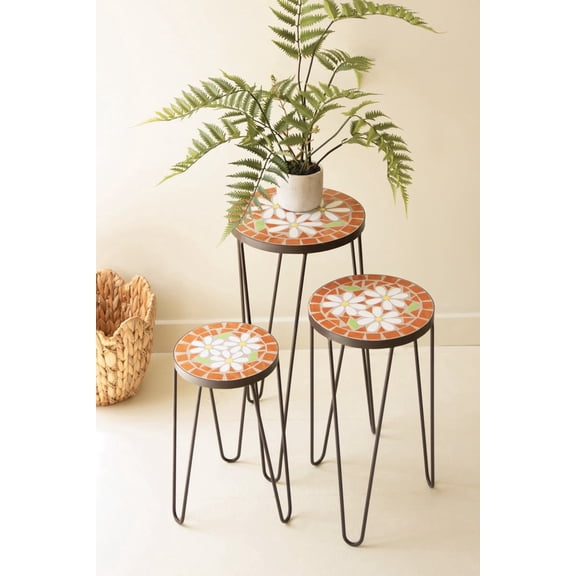 Kalalou Set of 3 Nesting Mosaic Tile Tables with Metal Bases, Colorful Accent Table Set