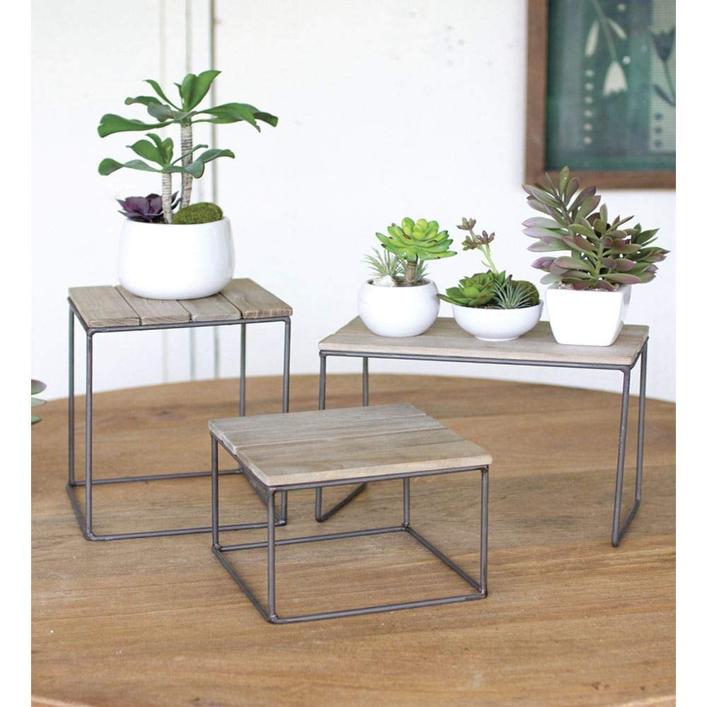 Set of 3 Rustic Wood and Metal Tabletop Risers