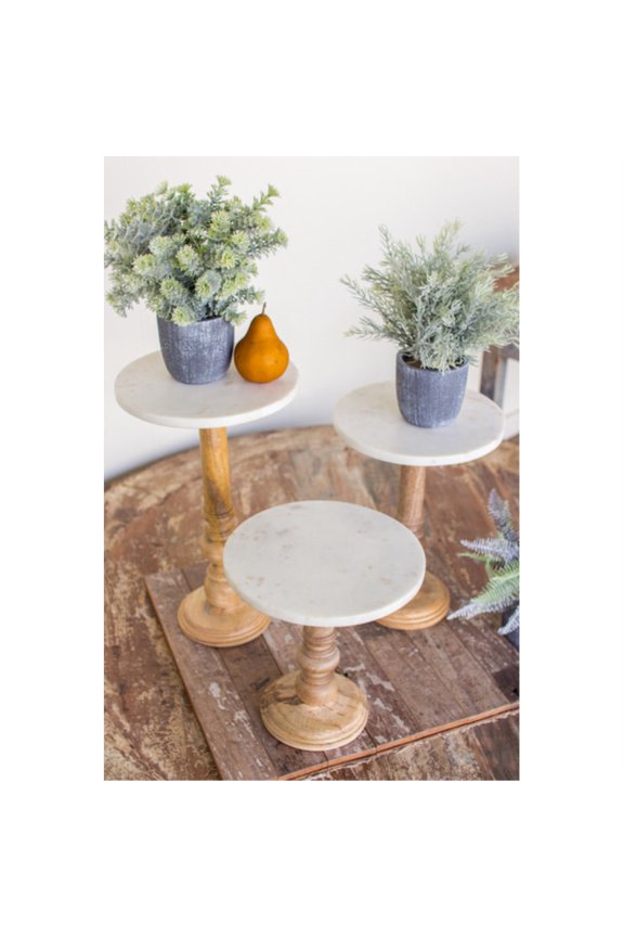 Set of 3 Wooden Display Stands with White Marble Tops