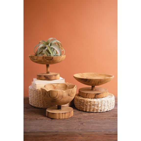 Kalalou Set of Three Wooden Compote Bowls with Pedestal Bases, Natural Paulownia Wood Rustic Decor