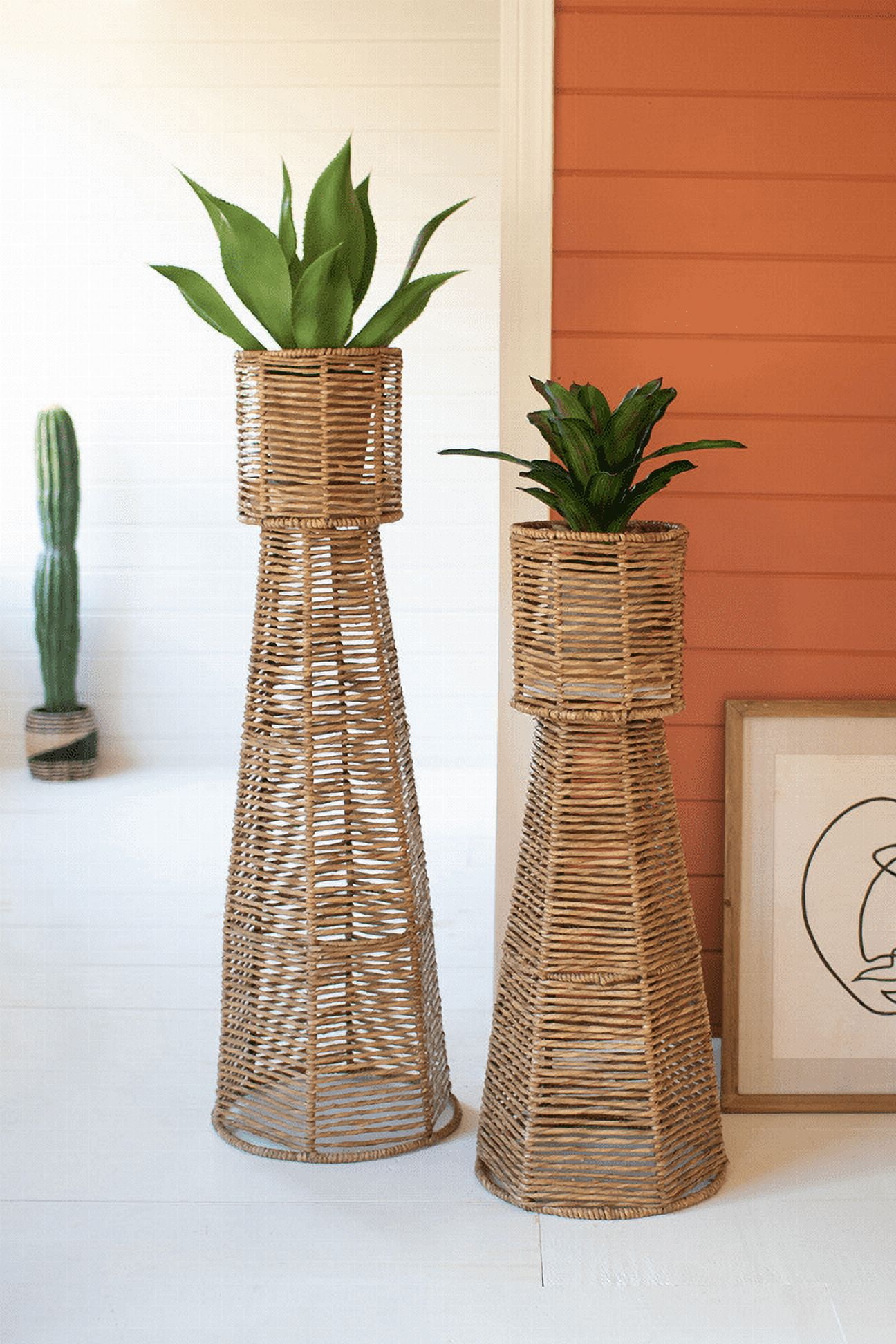Natural Seagrass and Iron Tall Planter Towers Set