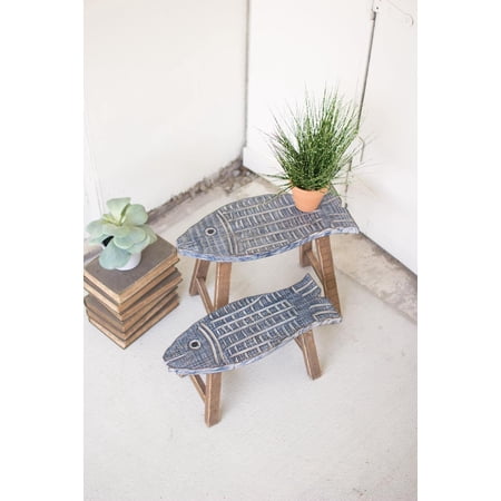 Kalalou Set of Two Wooden Fish Stools