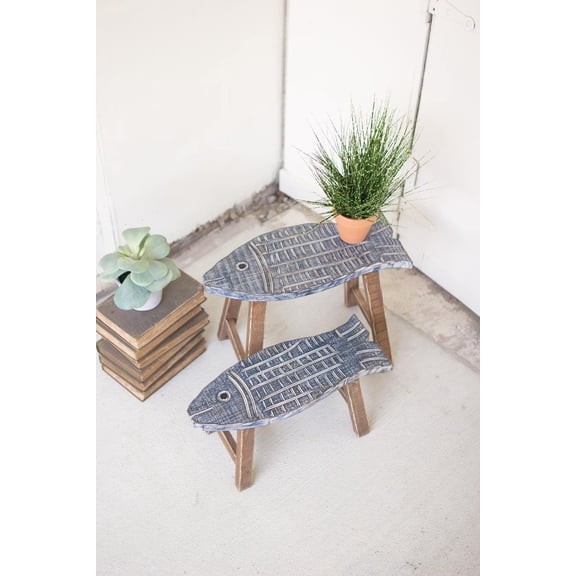 Kalalou Set of Two Wooden Fish Stools