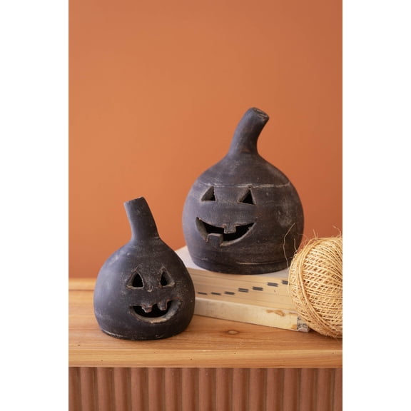 Kalalou Small Black Clay Jack O Lanterns Set of 2 Indoor Halloween Decor 8"