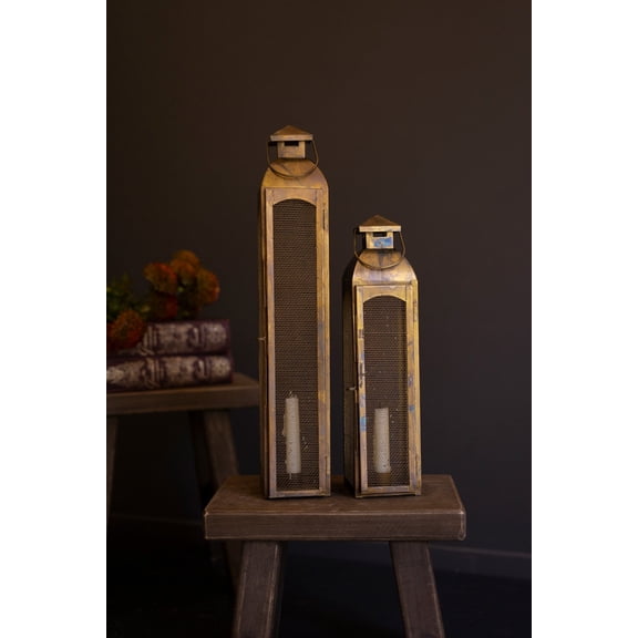 Kalalou Tall Brass Taper Lanterns with Decorative Wire Detail Set of 2 (20.5")