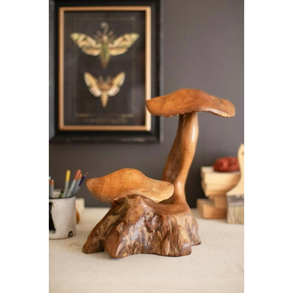Kalalou Teak Double Mushroom Sculpture