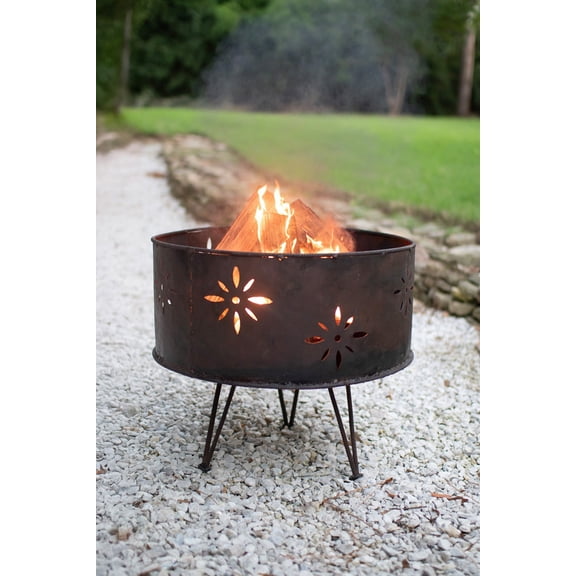 Kalalou Vintage-Style Iron Fire Pit 21.5" Tall Outdoor Bowl