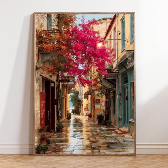 Kalamata Greece Mediterranean Floral Street Alley Wall Art, Unframed Paper Print Size 16x24