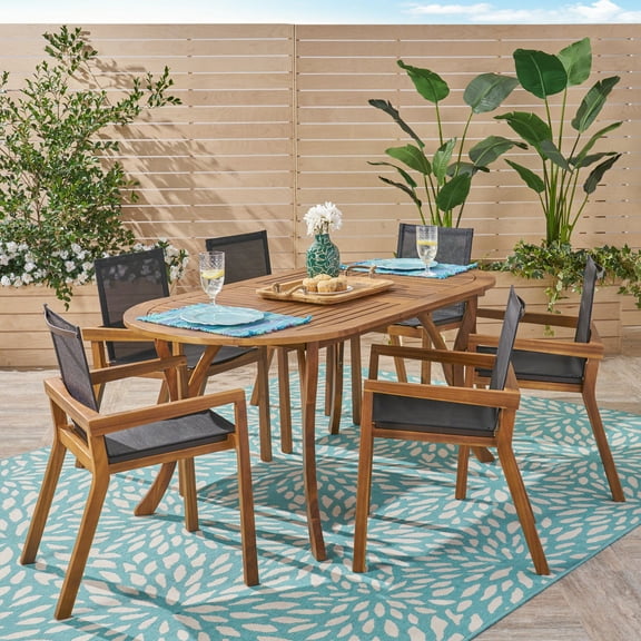 Kalani Outdoor 7 Piece Acacia Wood and Mesh Oval Dining Set, Teak, Black