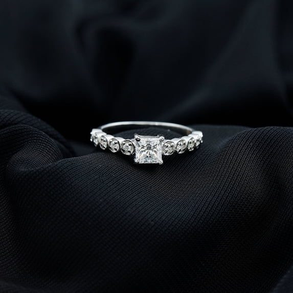 Kalapi Jewel 1.1 Ct Princess Cut Moissanite Engagement Ring for Women – 14K White Gold Plated Solitaire with Accent Bezel Set Design – Elegant Wedding Promise Ring in Prong Setting