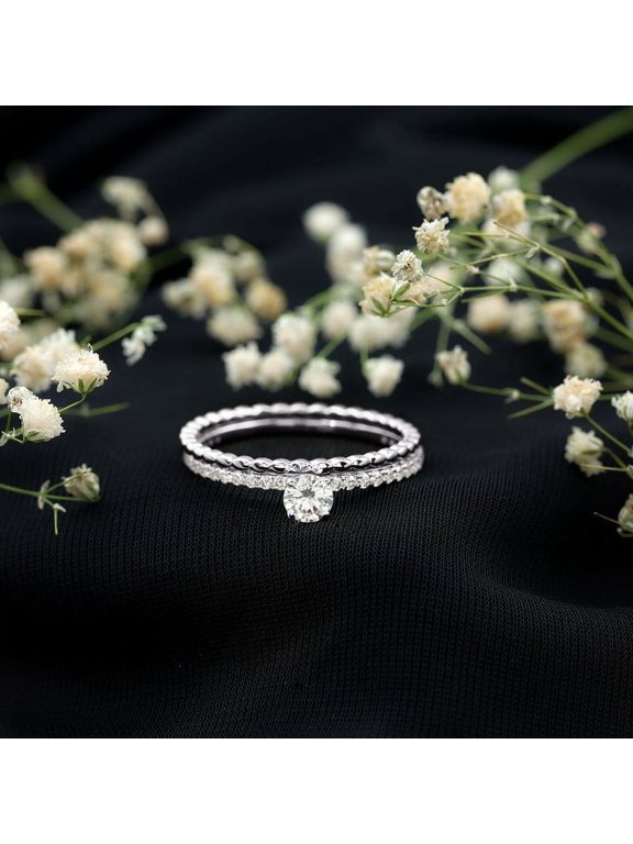 1.1 Ct Round Cut Lab-Created Simulated Diamond Bead Boll Style Solitaire Bridal Set Ring for Women, 14K White Gold Plated Prong Setting