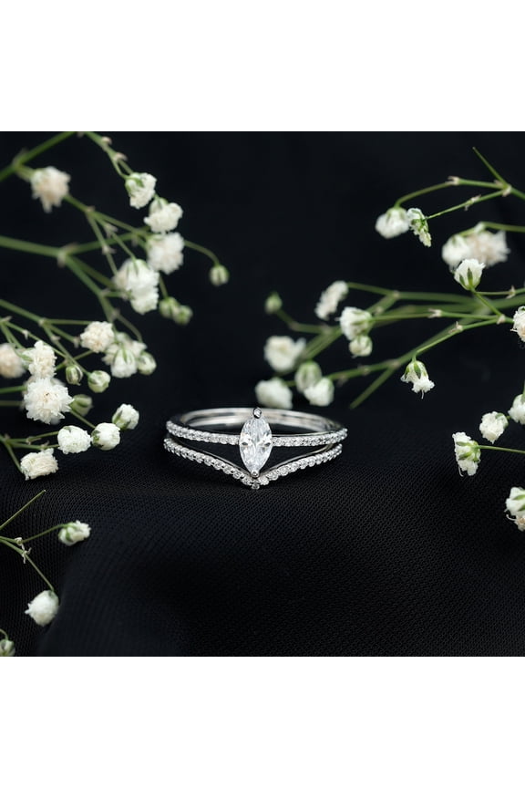 1.2 Ct Moissanite Engagement Ring Set - Classic Marquise Cut Design Ring Set - 14K White Gold Plated Ring Set for Women's - Exquisite Gift for Birthdays or Anniversaries
