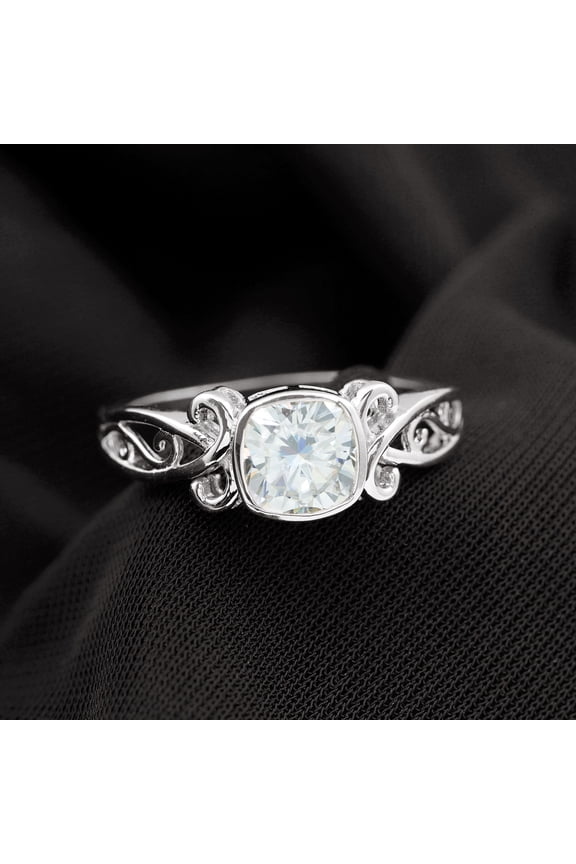 1.3 Ct Moissanite Filigree Style Ring - Stunning Cushion Cut Ring in 14K White Gold Plated - Engagement Ring for Women's - Gifts for Proposal or Anniversary Celebration