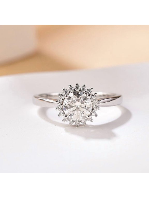 1.3 Ct Round Cut Lab-Created Simulated Diamond Solitaire Engagement Ring 14K White Gold Plated Sunburst Design