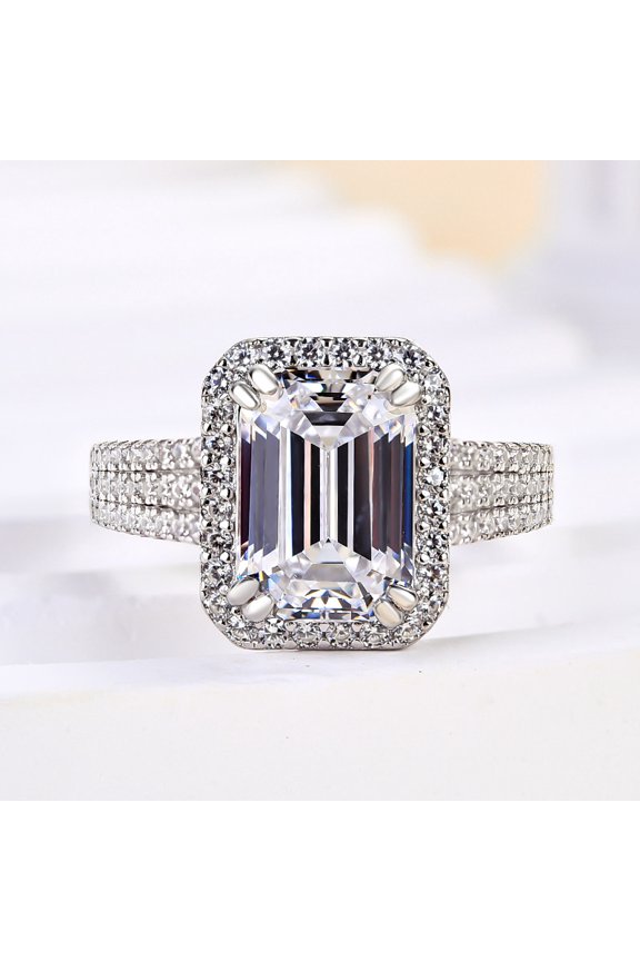 1.6 Ct Moissanite Three Stone Engagement Ring for Women - 14K White Gold Plated Emerald Cut Prong Setting Wedding Ring Halo Party Wear
