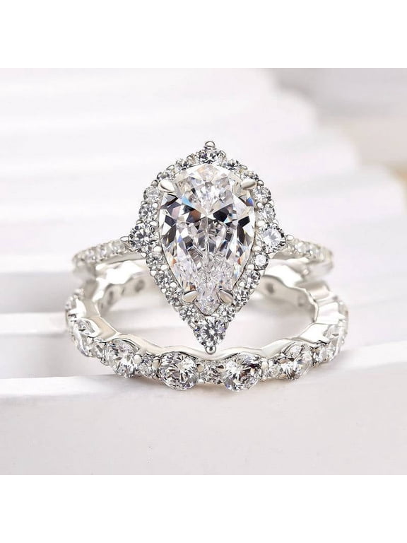 1.8 Ct Pear Cut Lab-Created Simulated Diamond Engagement Wedding Ring Set for Women, 14K White Gold Plated with Matching Anniversary Rings