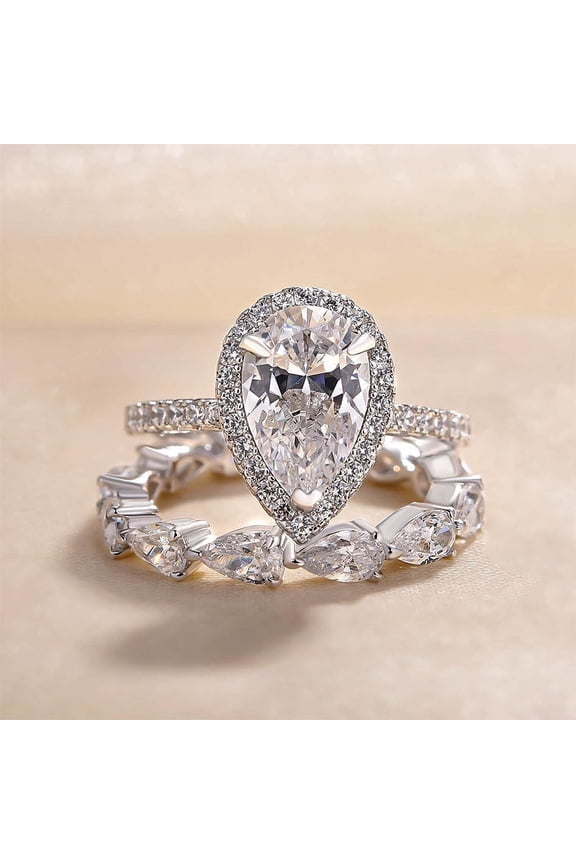 14K White Gold Plated Engagement Ring Set - 1.4 Ct Pear Cut Lab Created Diamond Ring Set for Her - Exquisite Halo Ring with Half Eternity Band - Gift for Proposing or Celebrating Love