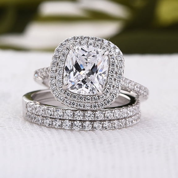 Kalapi Jewel 14K White Gold Plated Engagement Trio Ring Set - 1.7 Ct Cushion Cut Moissanite Double Halo Ring Set for Her - Gift for Engagement or Wedding - Beautiful Jewelry for Women's