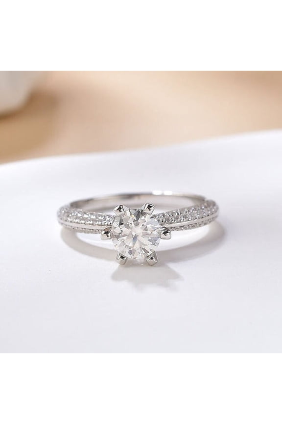 14K White Gold Plated Moissanite Shank Ring - 1.3 Ct Round Moissanite for Women - Surprise Engagement Wedding Jewelry Gifts - Romantic Proposal Ring for Her Elegant Anniversary Surprise