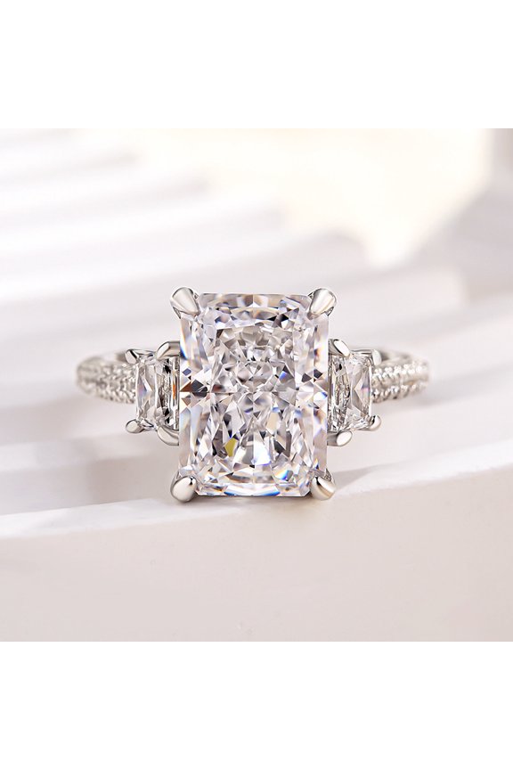 14K White Gold Plated Radiant Cut Engagement Ring for Women - 1.6 Ct Three Stone Prong Setting with Moissanite - Elegant Wedding & Anniversary Jewelry Gift