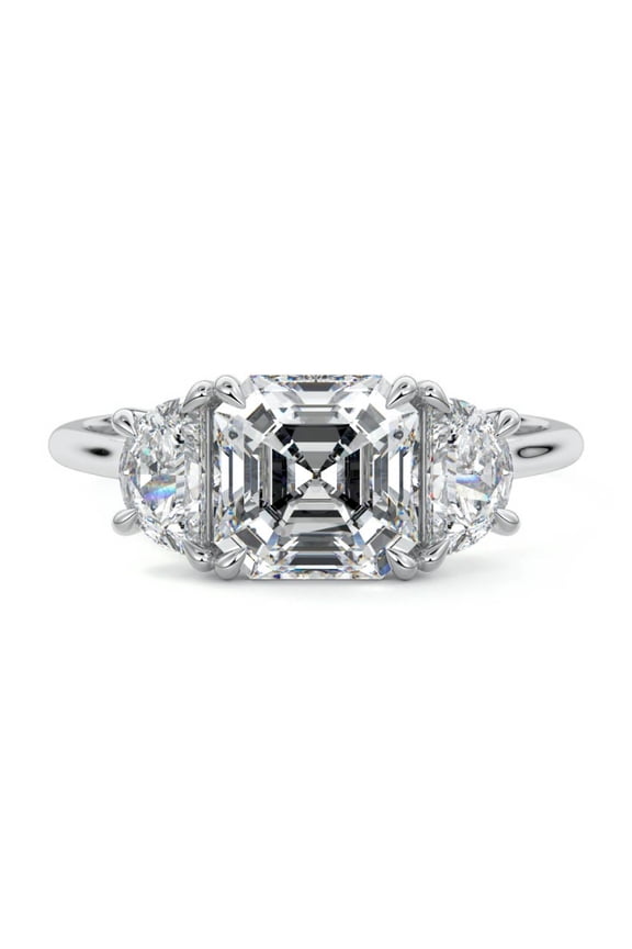 14K White Gold Plated Rings - 2.3 Ct Asscher Cut Moissanite Rings - Wedding Engagement 3 Stone Silver Rings - Anniversary Solitaire With Accent Rings for Women's - Valentine's Day Gifts