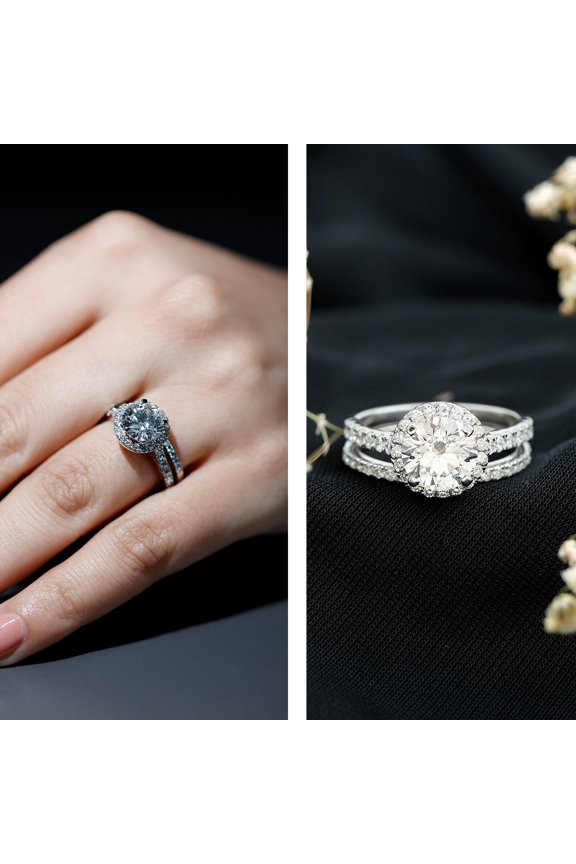 Halo Solitaire With Accent Engagement Ring Set for Women - 1.55 Ct Round Cut Moissanite in 14K White Gold Plated Prong Setting - Wedding, Proposal, Anniversary Gift Ring