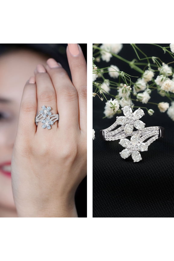 Oval Cut Moissanite Flower Ring - 1.8 Ct 14K White Gold Plated Engagement Ring for Her - Women's Jewelry - Perfect for Proposals or Celebrating Love - Elegant and Stylish