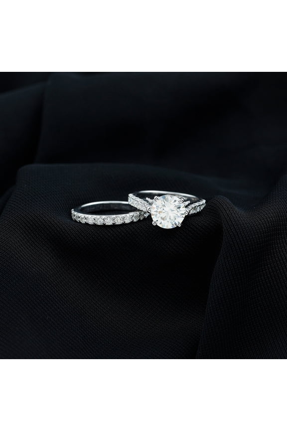 Simple Wedding Moissanite Ring Set for Women - 1.5 Ct Moissanite Round Cut Solitaire Engagement Ring - 14K White Gold Plated Prong Setting Wedding Ring Gift