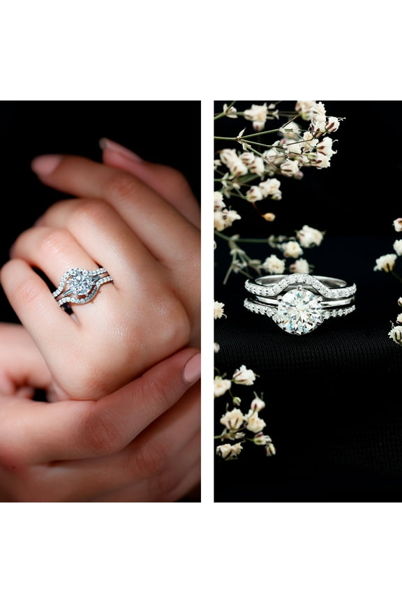 Trio Solitaire Engagement Moissanite Ring Set for Women - 1.5 Ct Round Cut Moissanite in Prong Setting - 14K White Gold Plated Wedding, Proposal & Anniversary Ring