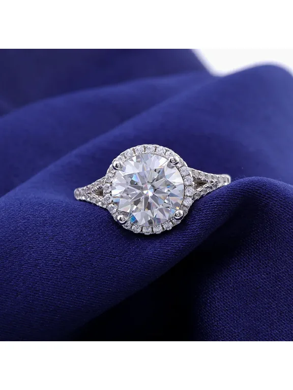 Women’s 14K White Gold Plated Round Cut Moissanite Ring – 1.4 Ct Moissanite-Created Simulated Stone Halo Style Engagement Ring with Prong Setting – Ideal Wedding or Gift Jewelry