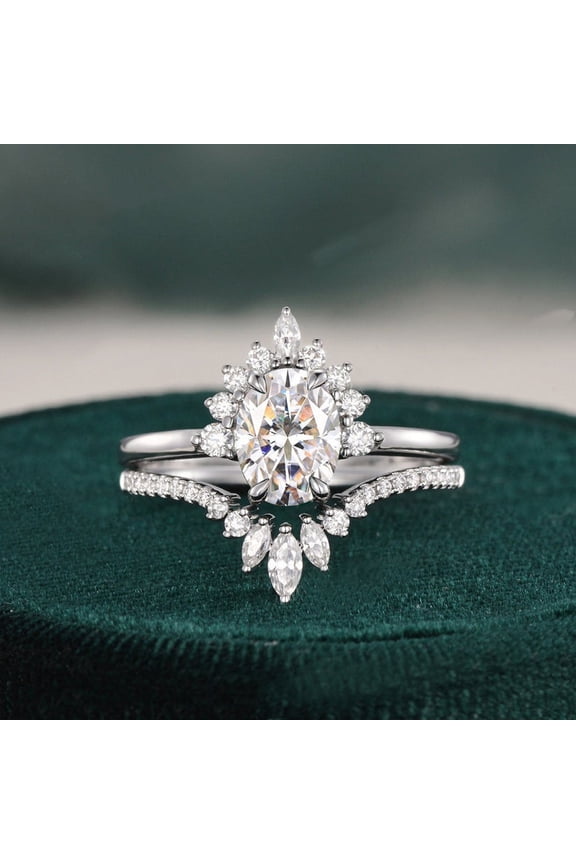 Women's 14k White Gold Plated Three-Stone Engagement Ring Set – 1.4 Ct Moissanite – Radiant Oval Cut Bridal Wedding Ring – Prong Setting Jewelry