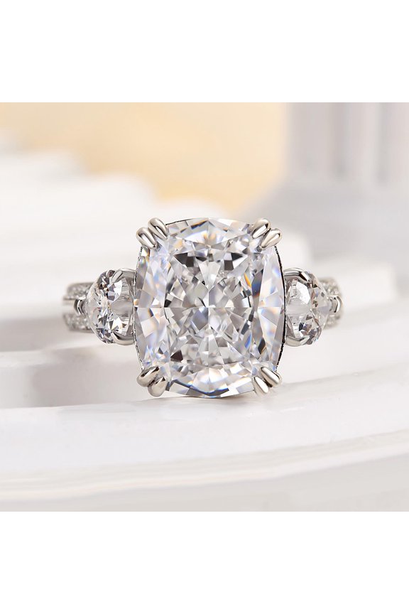 Women’s 3 Stone Engagement Wedding Ring - 1.4 Ct Cushion Cut Moissanite in 14K White Gold Plated Prong Setting - Ideal Anniversary, Bridal & Gift Ring