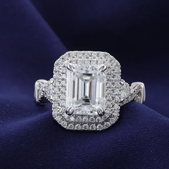 Kalapi Jewel Women’s Emerald Cut 1.4 Ct Moissanite Double Halo Art Deco Ring – Unique 14K White Gold Plated Engagement Ring with Prong Setting – Elegant Wedding & Gift Jewelry