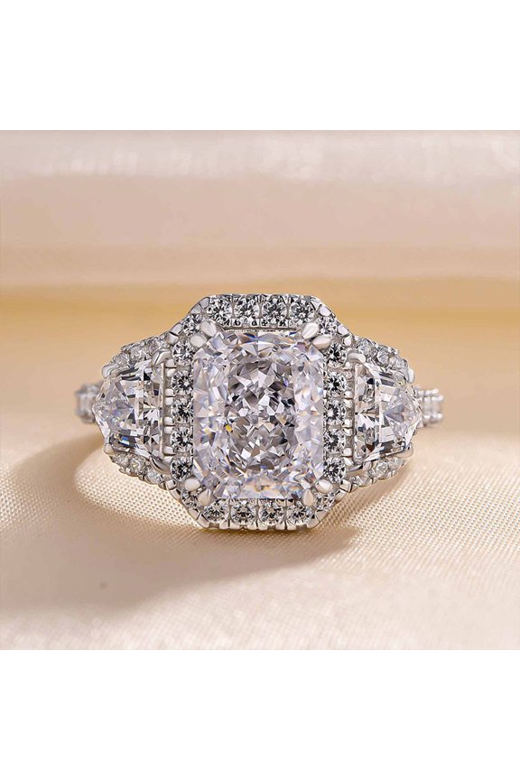 Women’s Three Stone Halo Engagement Ring – 14K White Gold Plated – Radiant Cut Moissanite – 1.6 Ct Solitaire – Prong Setting – Perfect Wedding Ring and Gift