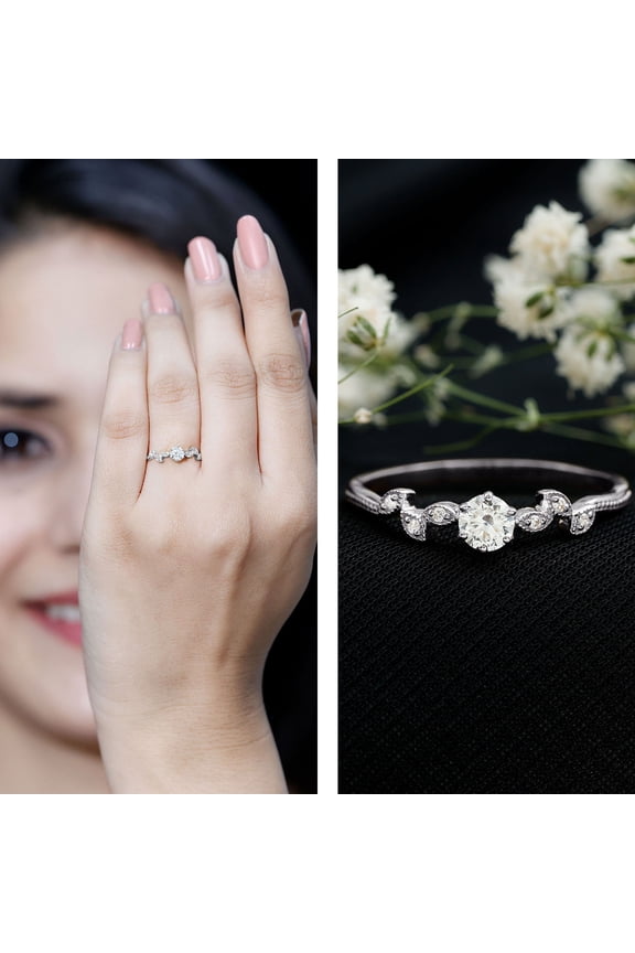 1.2 Ct Round Cut Moissanite Engagement Leafy Ring - 14K White Gold Plated - Gorgeous Women's Jewelry - Perfect for Proposals or Celebrating Love - Elegant and Unique Style
