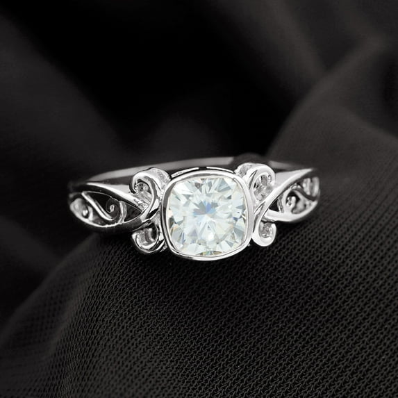 Kalapi Jewel 1.3 Ct Moissanite Filigree Style Ring - Stunning Cushion Cut Ring in 14K White Gold Plated - Engagement Ring for Women's - Gifts for Proposal or Anniversary Celebration