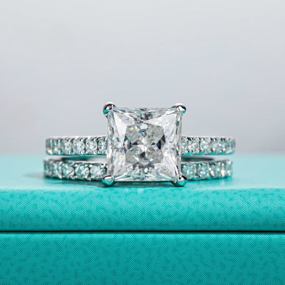 Kalapi Jewel 1.3 Ct Princess Cut Moissanite Wedding Ring Set for Women – Modern 14K White Gold Plated Solitaire and Eternity Band – Ideal Anniversary or Proposal Jewelry