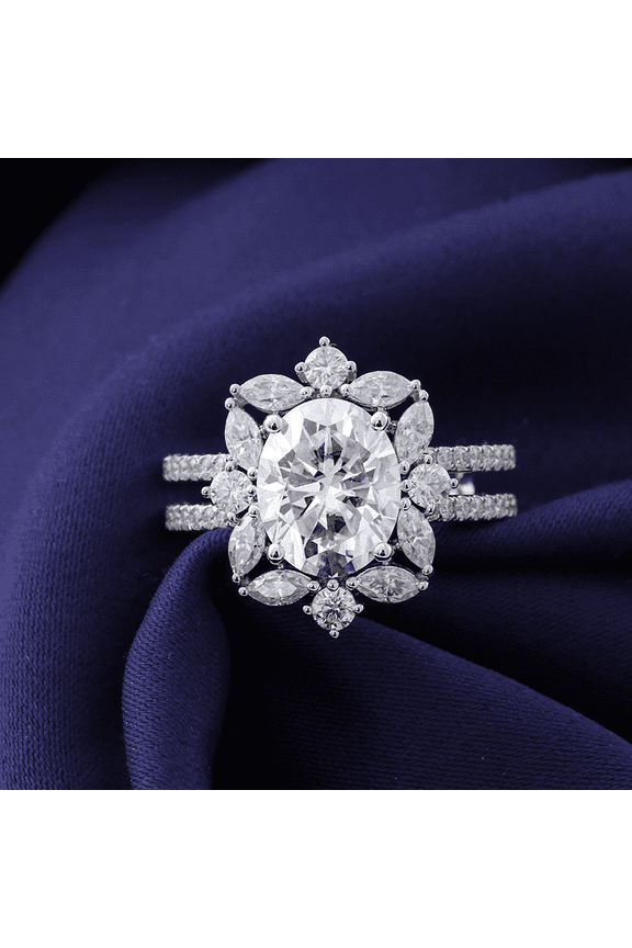 1.4 Ct Oval Cut Moissanite Ring - Moissanite Engagement Cluster Ring for Her - 14K White Gold Plated Ring - Ring for Weddings and Anniversaries - Women's Fashion Jewelry
