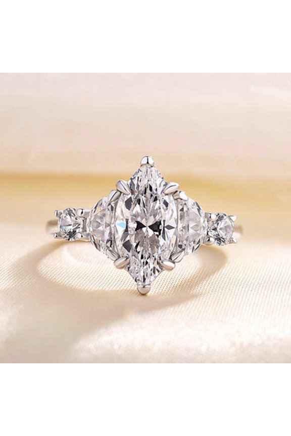 1.5 Ct Marquise Cut Moissanite Engagement Ring for Women – Three Stone White Gold Plated Solitaire Promise Ring – Prong Setting Anniversary or Wedding Jewelry Gift