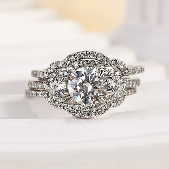 Kalapi Jewel 1.5 Ct Moissanite Ring Set - 14K White Gold Plated Engagement Ring with Matching Band for Women's - Timeless Round Cut Design - Gift for Proposals and Celebrating Love