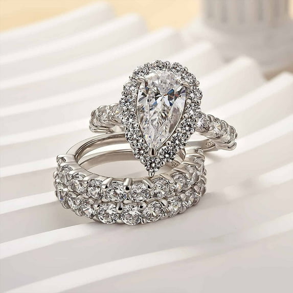 Kalapi Jewel 1.5 Ct Pear Cut Moissanite Trio Ring Set - 14K White Gold Plated Engagement Ring Set for Her - Gorgeous Women's Jewelry - Gifts for Proposals or Anniversary Celebrations