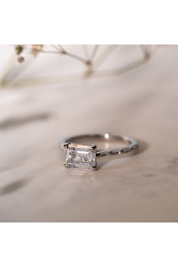 ry 1.6 Ct Moissanite Wedding East West Ring - 14K White Gold Plated Emerald Cut Ring for Women - Elegant Solitaire Rings - Gifts for Weddings and Anniversaries