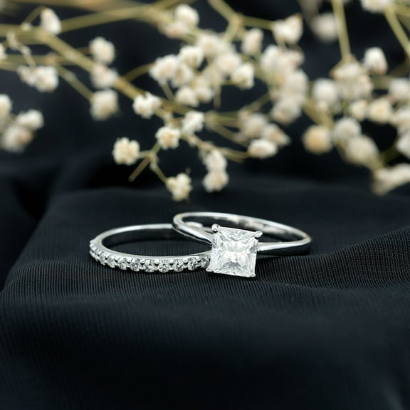 Kalapi Jewelry 1.6 Ct Princess Cut Lab-Created Moissanite Engagement Ring Set for Women - 14K White Gold Plated Solitaire Wedding Ring with Band - Gift for Anniversary or Proposal Jewelry